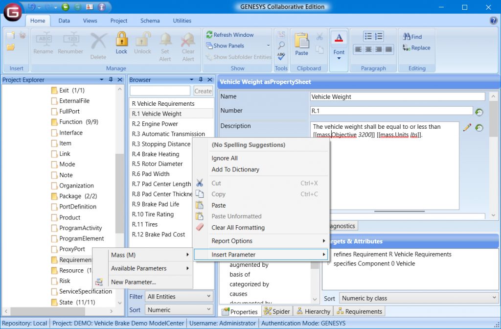 Inserting parameter values into a requirements statement