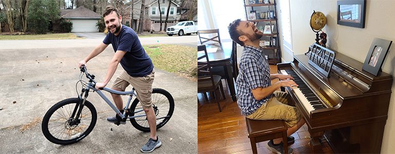Laszlo on his bike and at the piano